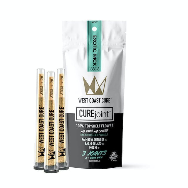 image of West Coast Cure The Exotic Pack – 1g CUREjoint 3 Pack   Bacio Gelato, Mochi, Rainbow Sherbet : Pre-Roll Flower