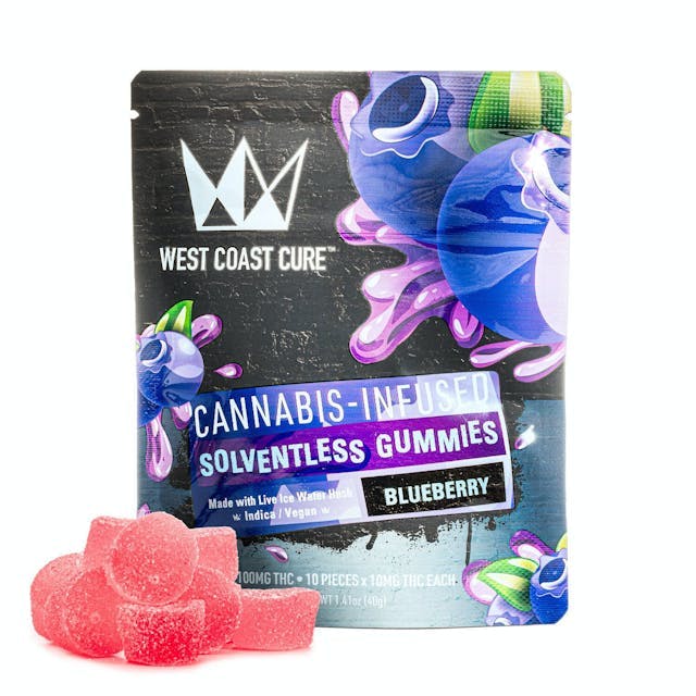 image of West Coast Cure Blueberry Flavored Solventless Gummies   10x 10mg/gummy WEST COAST CURE : Edibles